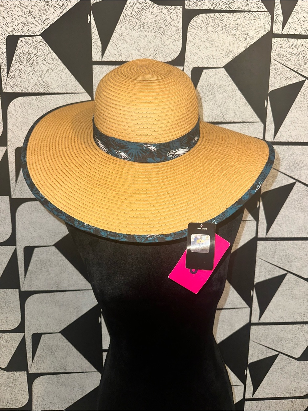 Wide-Brim Straw Sun Hat with Printed Trim - Philadelphia eagles team